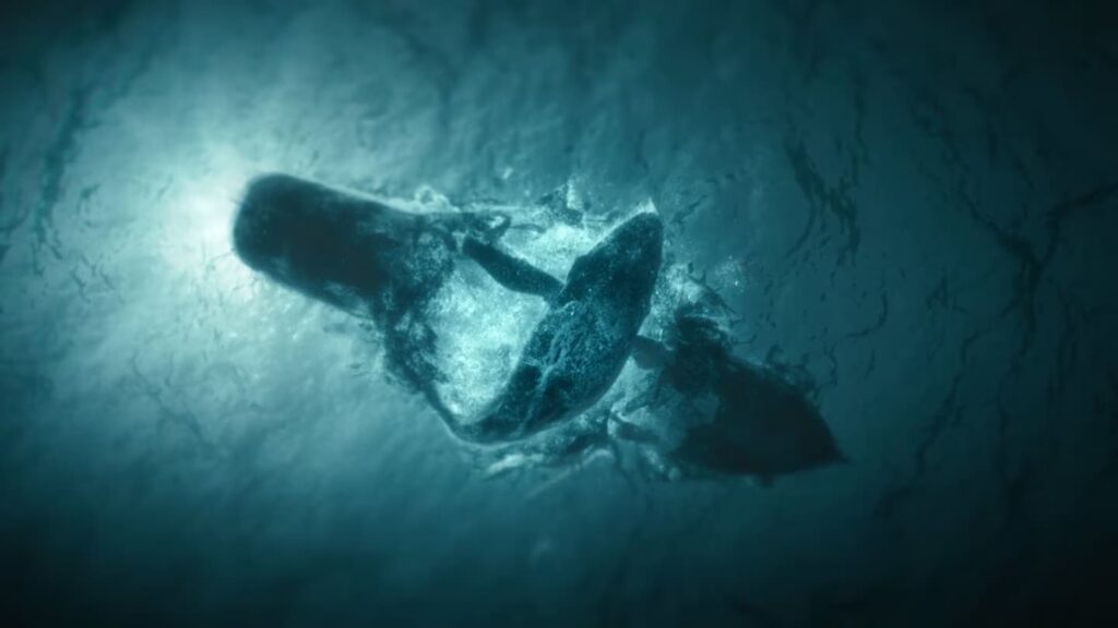 Eine Szene aus der Verfilmung von "der Schwarm" von Frank Schätzing. Ein Wal teilt ein Boot in zwei Stücke.